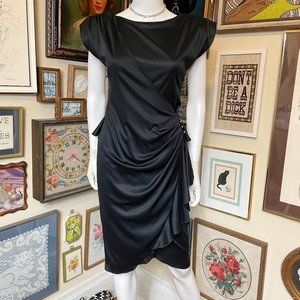 80s Vintage Black Draped Waist Cap Sleeve Cocktail Dress with Peplum Size 8